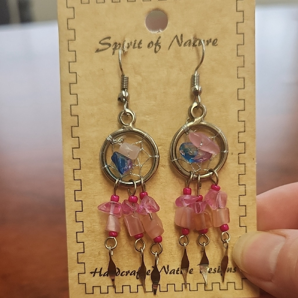 Spirit of Nature Dangle Earrings Dreamcatcher With Pink And Blue Stones